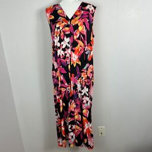 Natroi Floral v-Neck Dress Womens Size Medium Midi Length Pockets‎ Boho Stretch